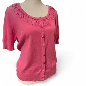 New York & Co. Y2K Coquette Pink Short Sleeve Cardigan Ruffle